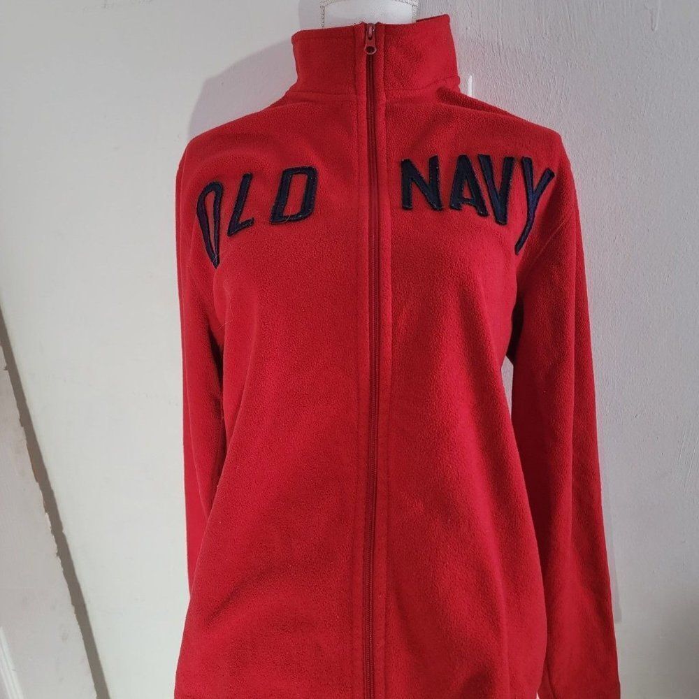 Old Navy Womens Red Long Sleeve Blue Words Zip Up High Neck Jacket Size Medium